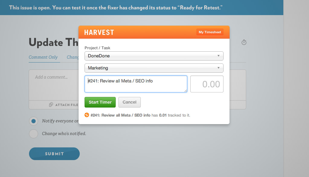 Harvest time-tracking directly within an issue