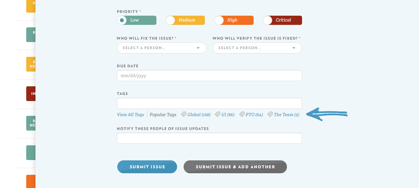 Easily add tags by typing, or select from previously-used tags.