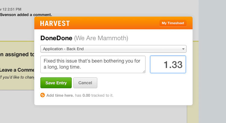 Track your time directly within a DoneDone issue