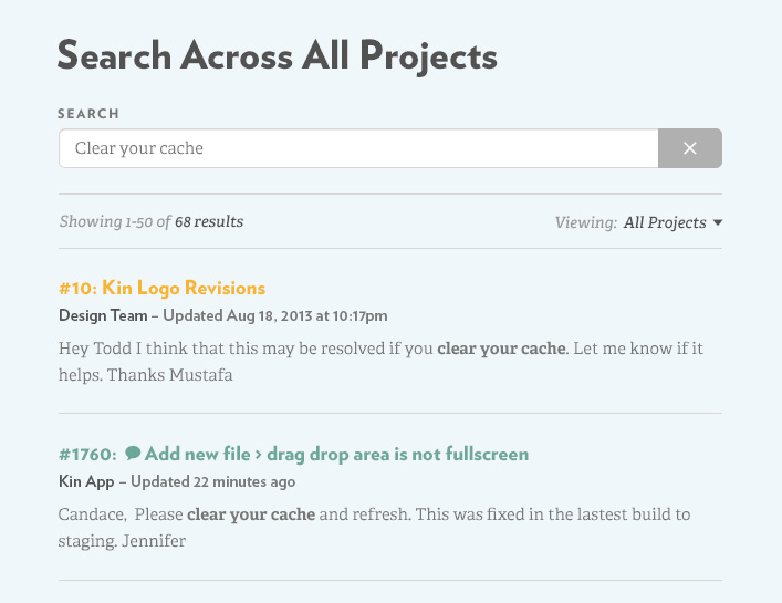 Search results highlight matching terms, including relevant file attachment names.