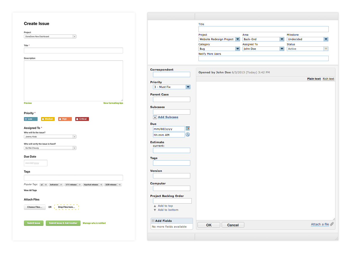 Creating an issue in DoneDone (left) vs a traditional issue tracker (right)