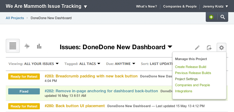 Project Settings is available inside the Manage Project dropdown