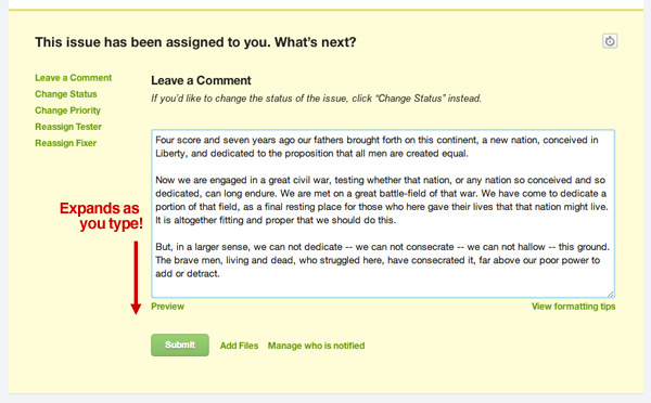 Text areas for comments and issue descriptions expand 