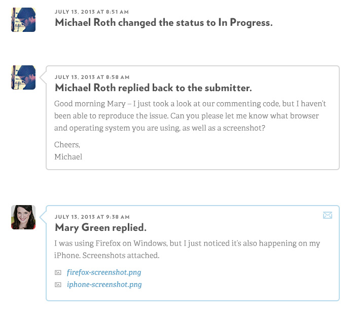 Public Issues track conversations between you and your customer inline with your issue history.