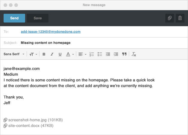 Screenshot displaying correct formatting of email