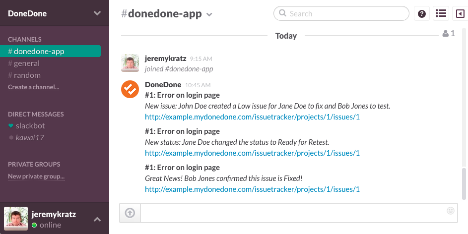 DoneDone updates inside of a Slack channel
