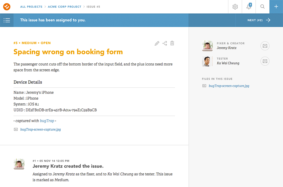 Viewing the bugTrap issue in DoneDone