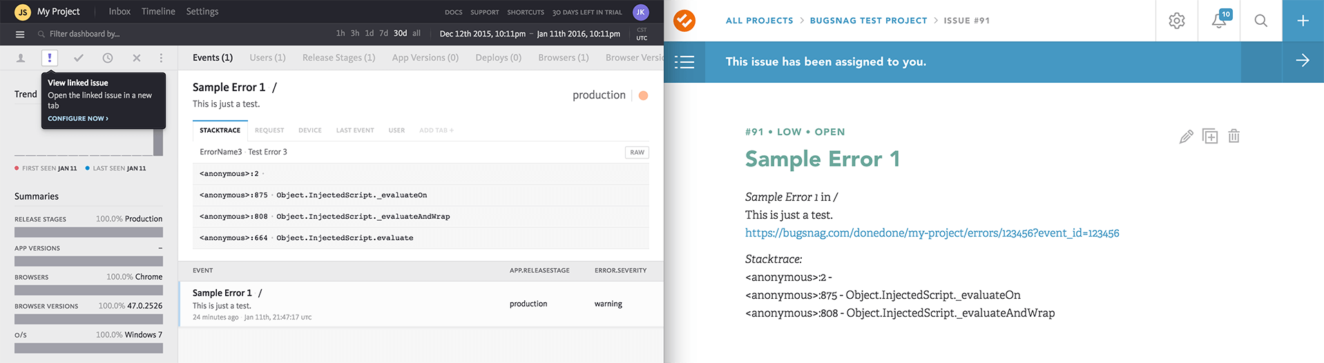 A Bugsnag event connected to a DoneDone issue