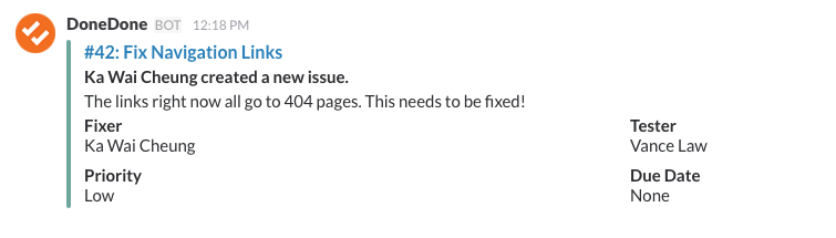Updates from DoneDone will automatically appear in Slack