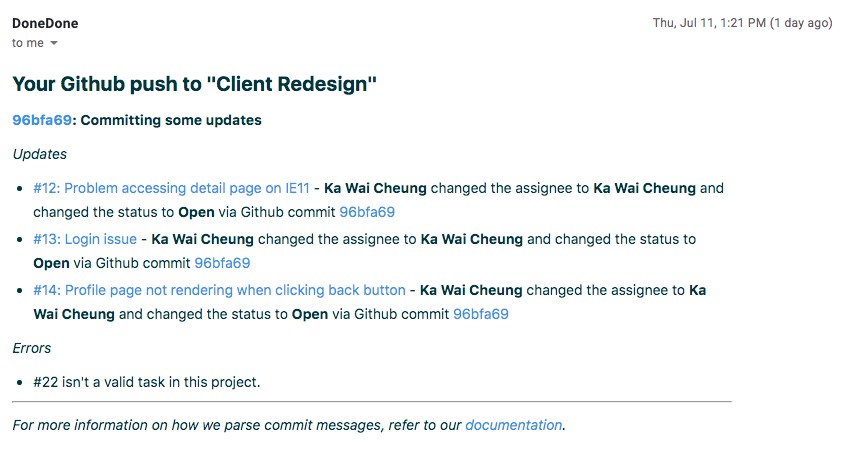 A Github push summary email from DoneDone