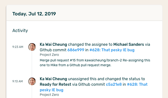 The calendar activity view after a Github commit