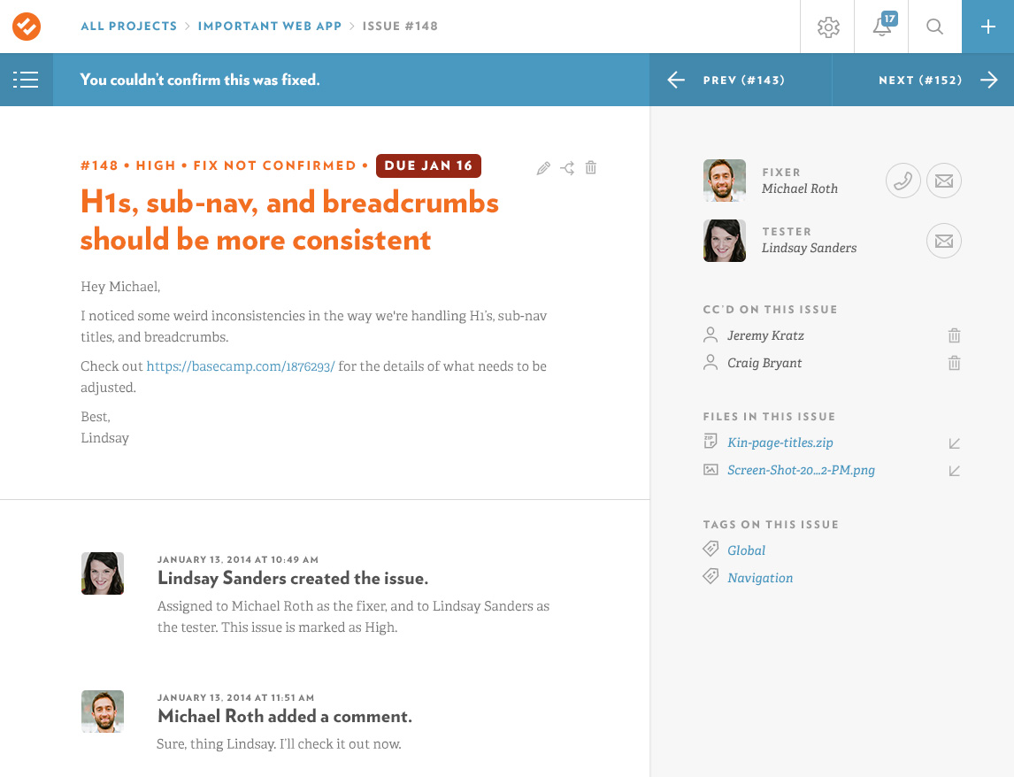 An issue detail with a due date that’s just passed