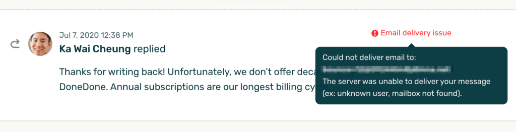 Bounced replies will be noted in conversation history