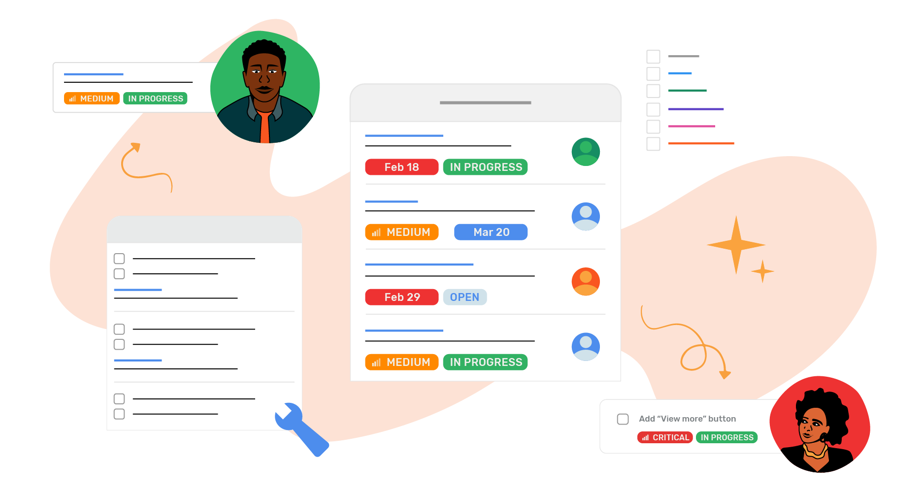 An illustration of emails logged in a help desk that flow from one person to another.