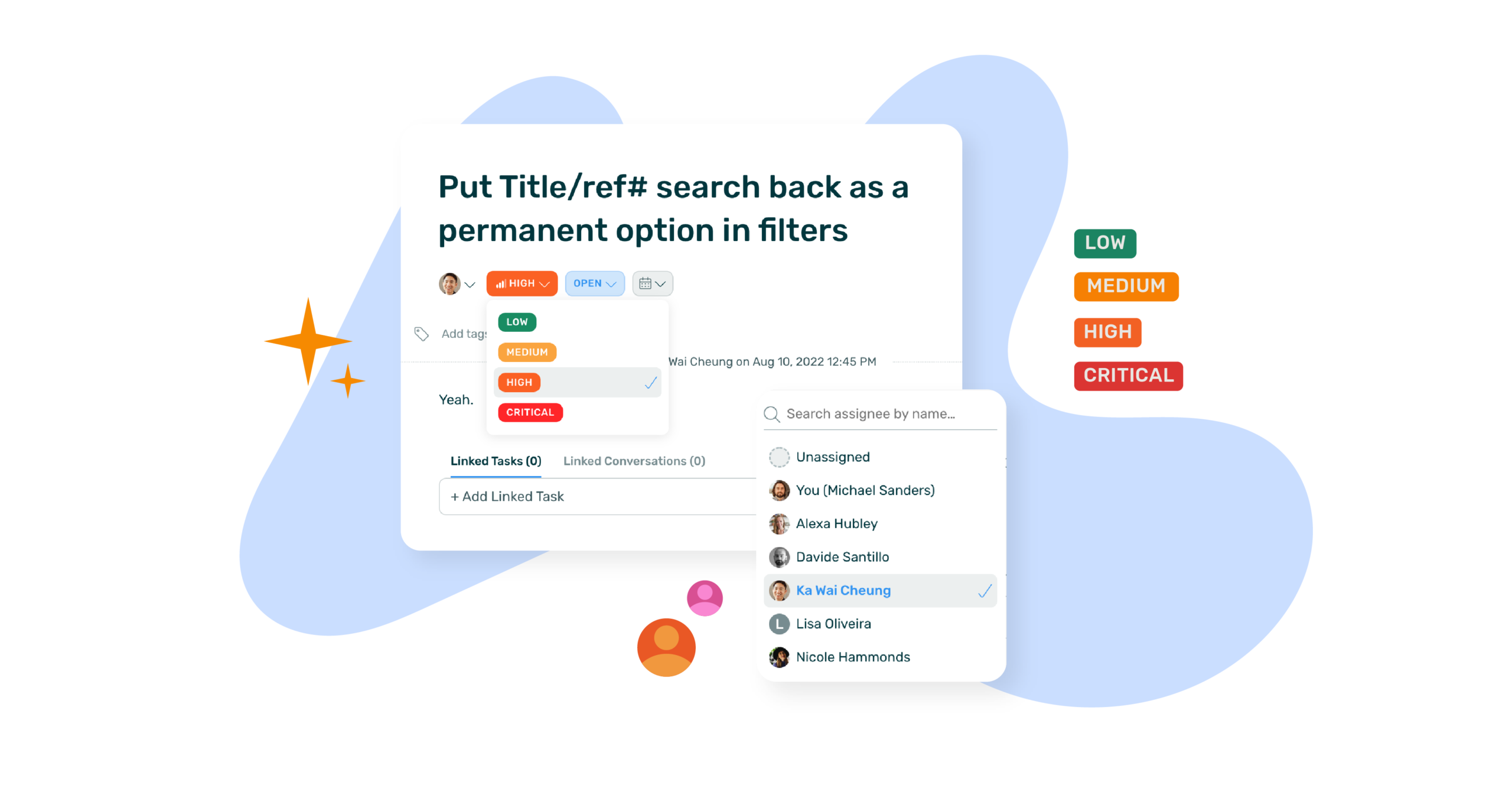 An examples of assigning a ticket to a team member in DoneDone.